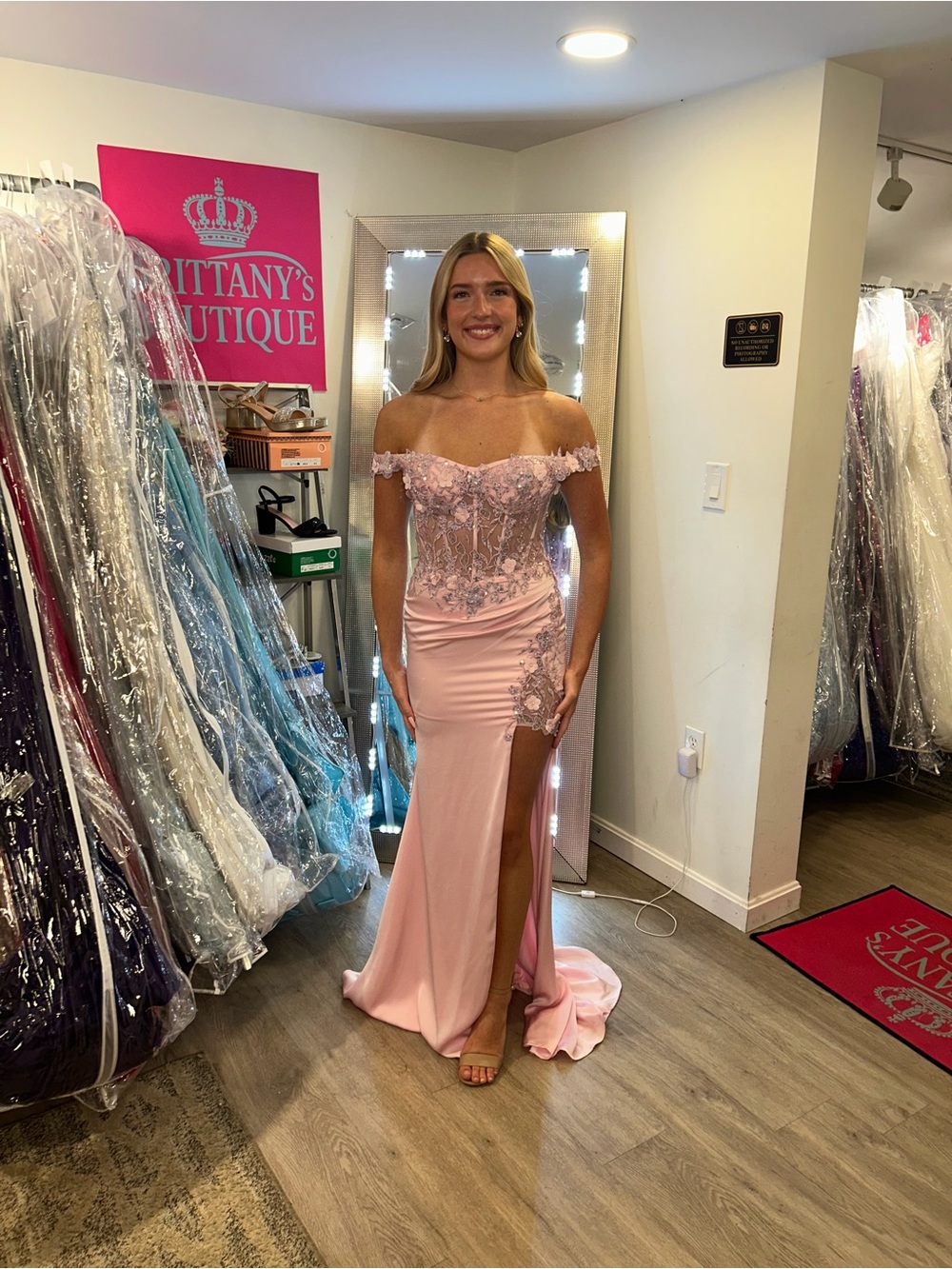 Jovani Off-Shoulder Pink Lace Appliqué Prom Gown